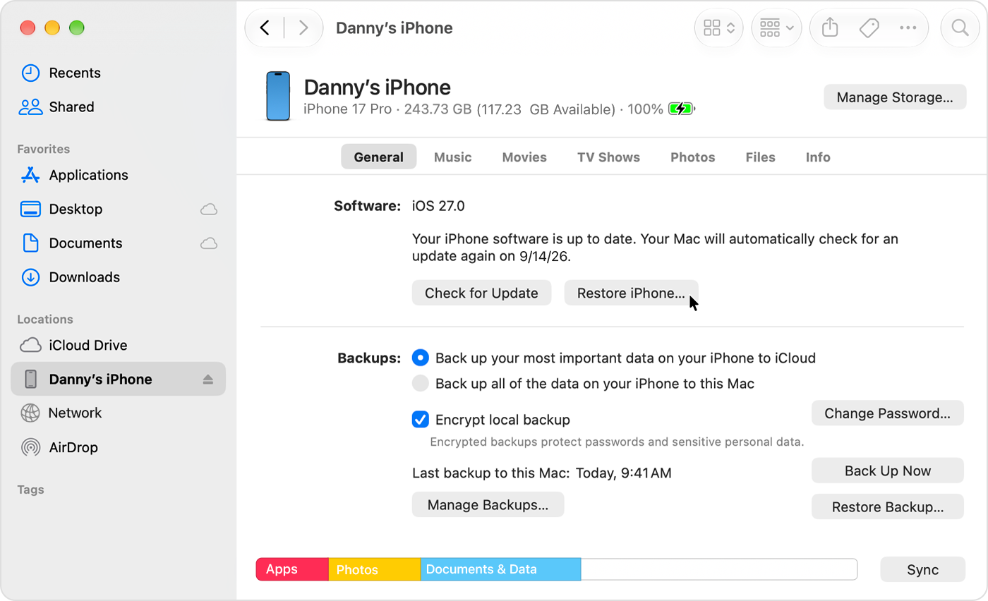 Finder Restore iPhone control.