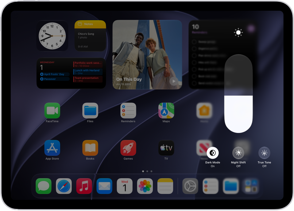 iPad brightness and color controls in Control Center.