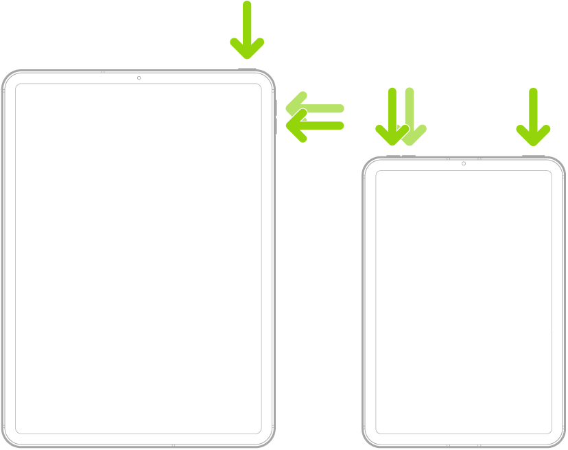 Button positions for force restarting an iPad without a Home button.