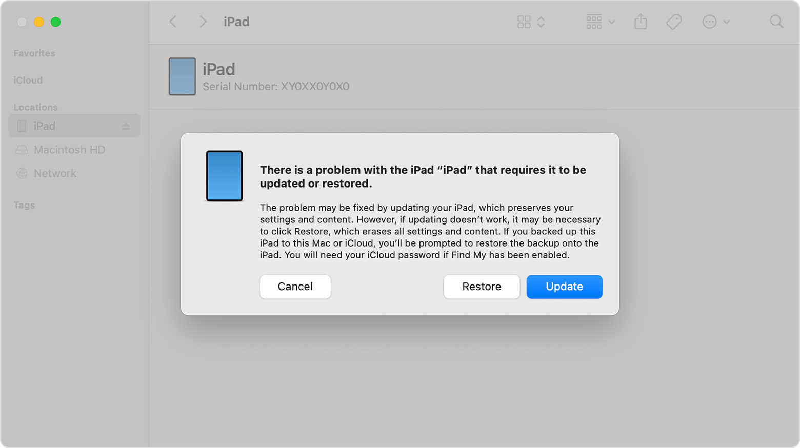 Finder recovery dialog for iPad with the Update option.