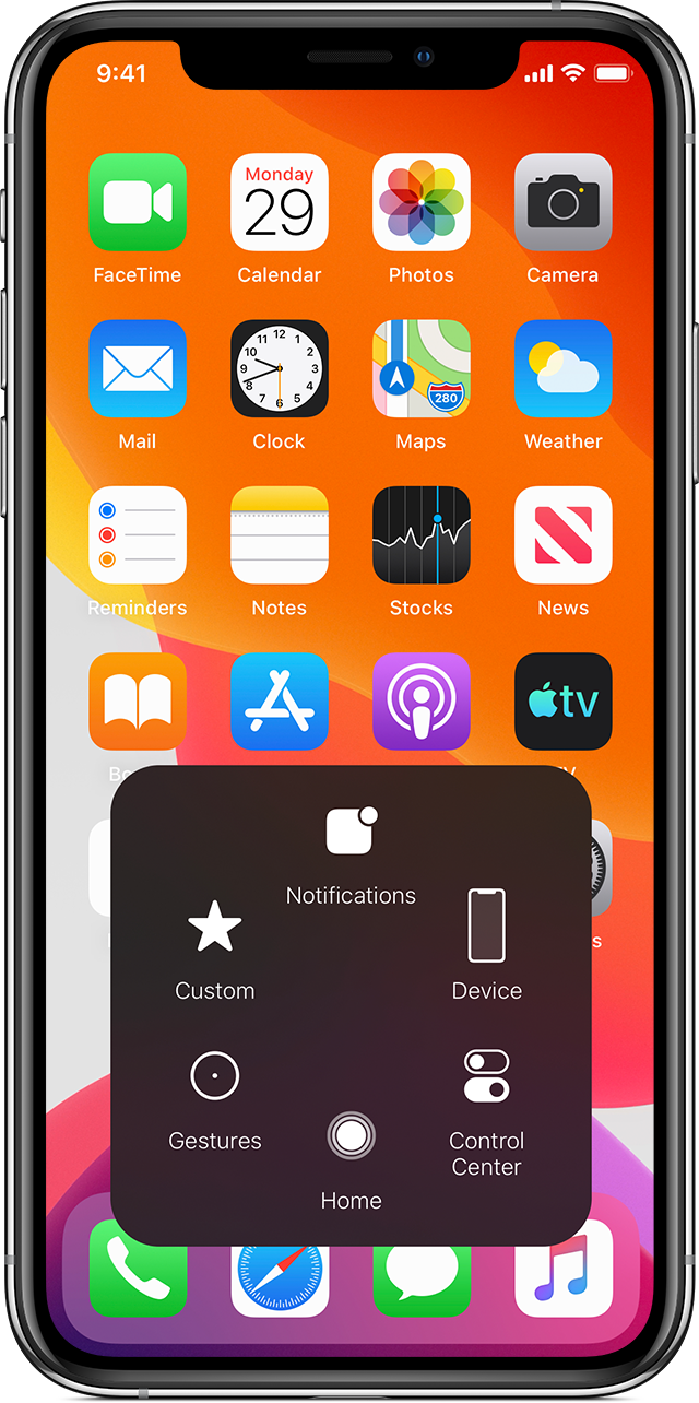 قائمة AssistiveTouch مفتوحة على الشاشة الرئيسية لـ iPhone؛ واجهة أقدم.