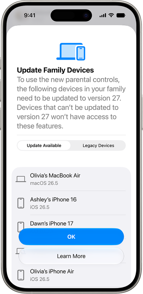 Family device review showing update status and legacy-device information.