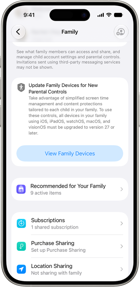 iPhone Family settings showing parental controls and family setup options.