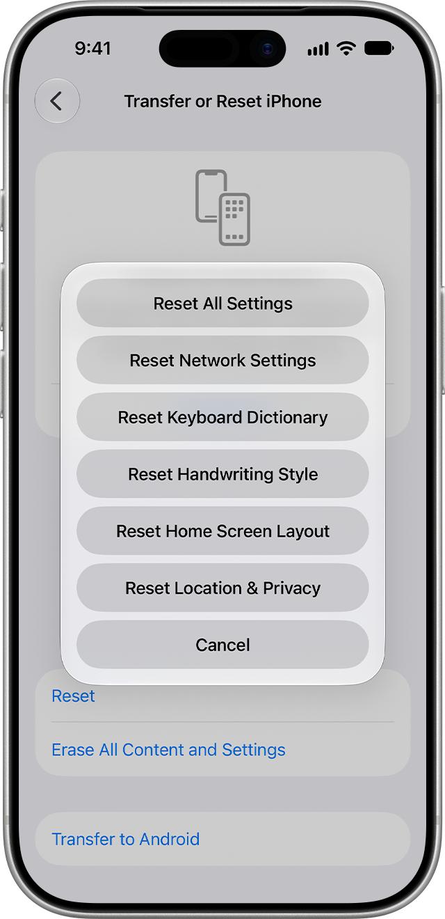 قائمة إعادة تعيين iPhone تعرض خيار إعادة تعيين إعدادات الشبكة.