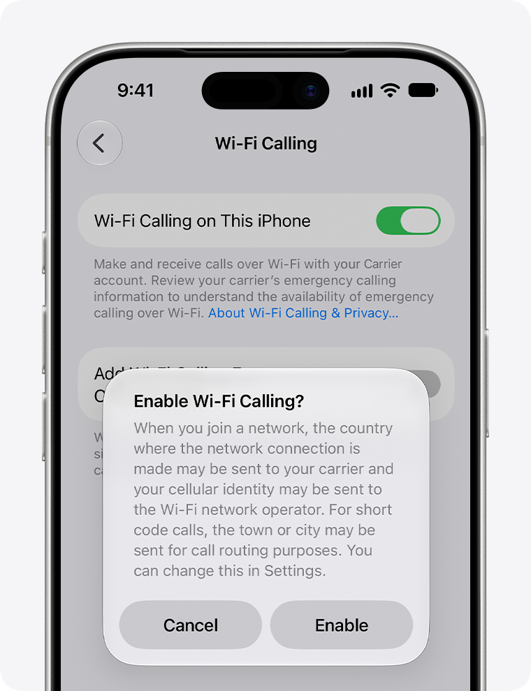 Wi-Fi Calling settings for an iPhone cellular line.