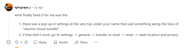 Resume iCloud Transfer from iPhone Settings