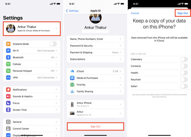 Sign Out of Apple ID on iPhone settings