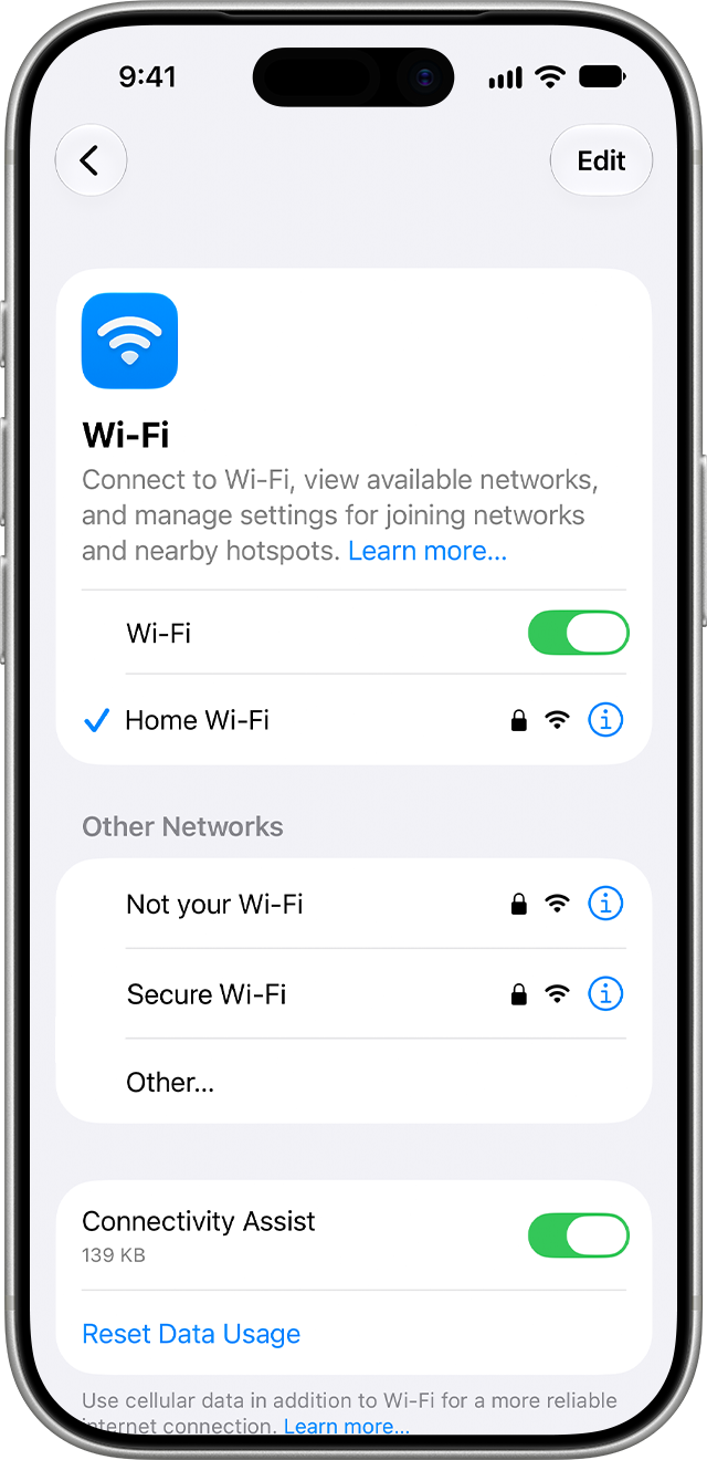 iPhone Wi-Fi connection settings.