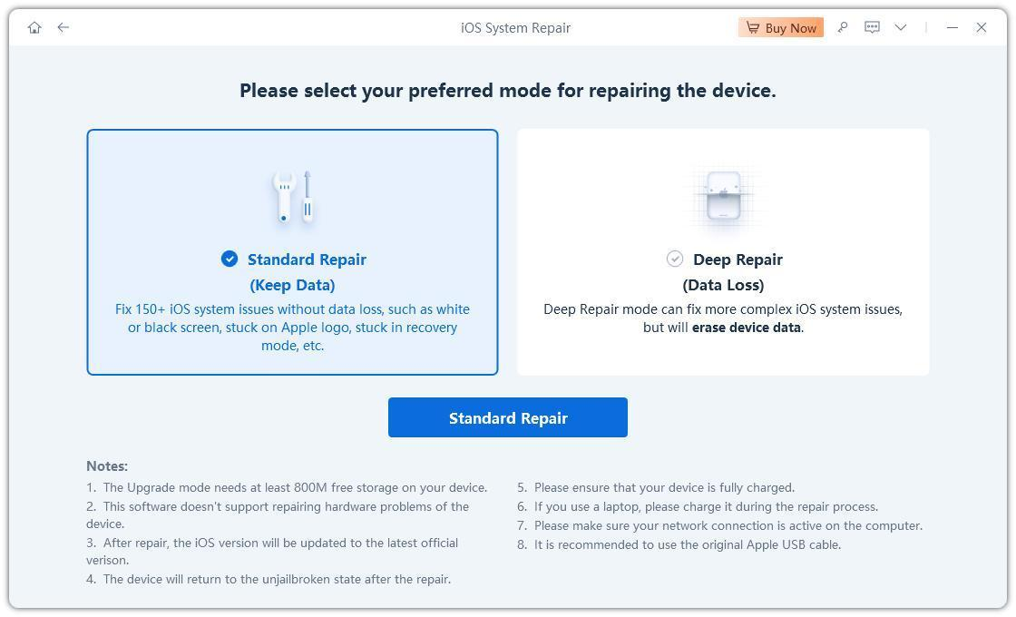 Tenorshare Reiboot repair-mode selection interface; review requirements before continuing.