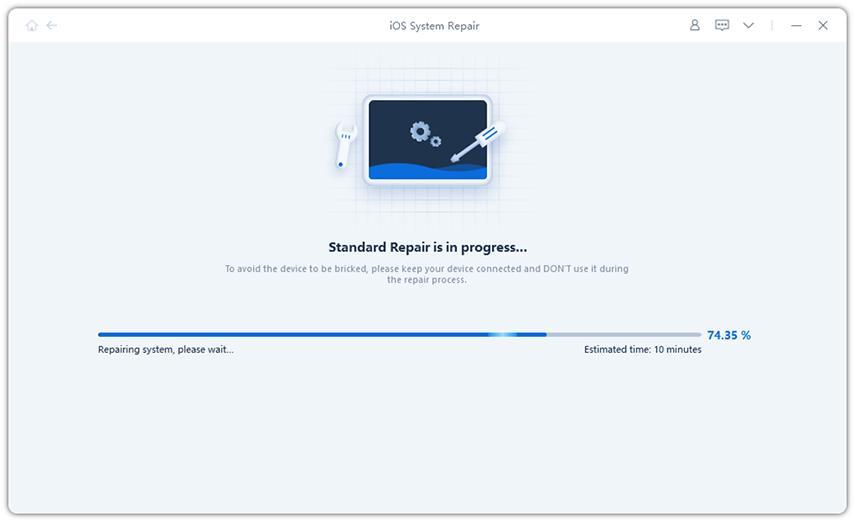 Tenorshare Reiboot repair progress interface example; keep the affected iPhone connected.
