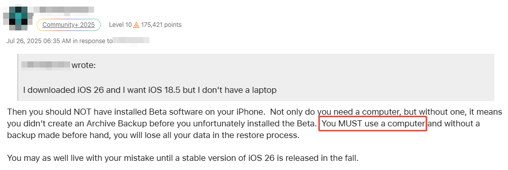 cannot remove iOS 26 without computer