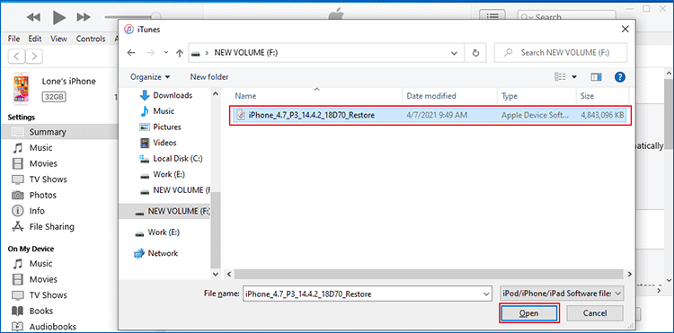 select ipsw file on itunes