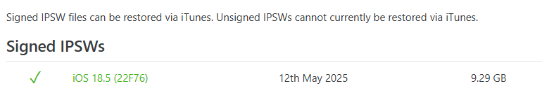 download iOS 18.5 ipsw file to remove ios 26 beta