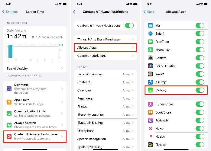 檢查螢幕使用時間中的 CarPlay 限制