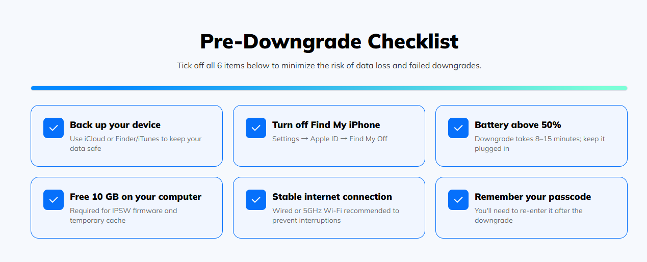 pre downgrade checklist on iOS 27